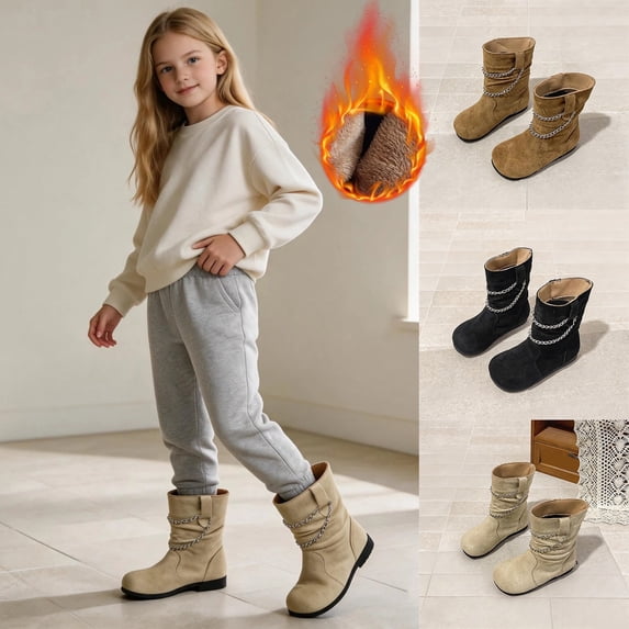 Girls Winter Boots Kids Snow Shoes Faux Suede Upper Fleece Lined Mid Calf Boot Pull-On Non Slip Outsole for Cold Outdoor Daily Wear