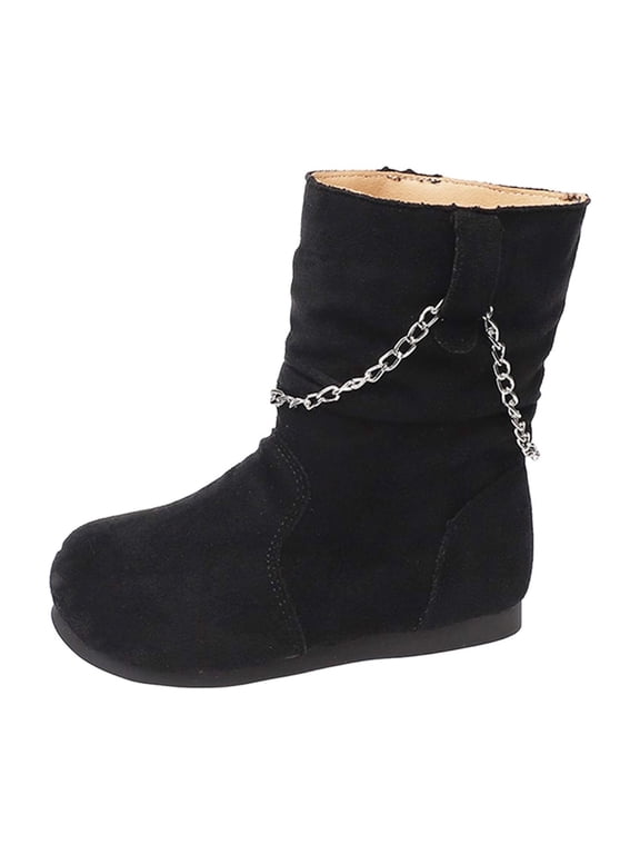 Girls Winter Boots Kids Snow Shoes Faux Suede Upper Fleece Lined Mid Calf Boot Pull-On Non Slip Outsole for Cold Outdoor Daily Wear
