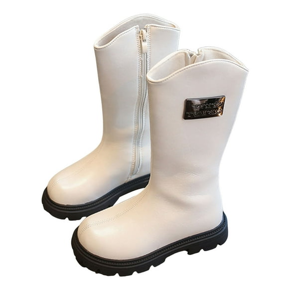 Girls Winter Boots Retro Leather Waterptoof Wide Mid Calf Booties WInter Warm Chunky Riding Boots