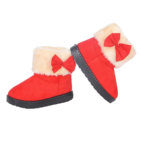 Girls Winter Boots Soft Plush Lining Ankle Snow Booties Bowknot Furry Collar Non-slip Warm Shoes (US:12.5|Little Kid, Red)