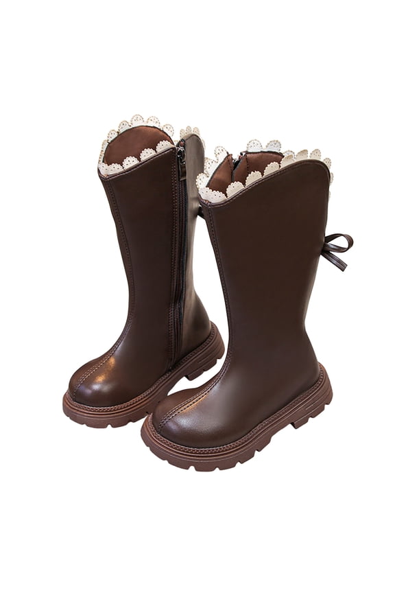 Girls Winter Boots Sweet Lace Fringe Bow MId Calf Riding Booties Side Zipper Round Toe Stitching Leather Long Boots Brown 1 Big Kid