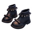 thumbnail image 1 of Girls Winter Boots Warm Furry Lined Back Zipper Ankle Booties Sweet Pearl Lace Fringe Waterproof Stitching Leather Bowtie Round Toe Short Boots 10 Little Kid Black, 1 of 7