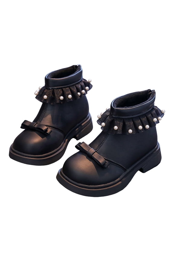 Girls Winter Boots Warm Furry Lined Back Zipper Ankle Booties Sweet Pearl Lace Fringe Waterproof Stitching Leather Bowtie Round Toe Short Boots 10 Little Kid Black