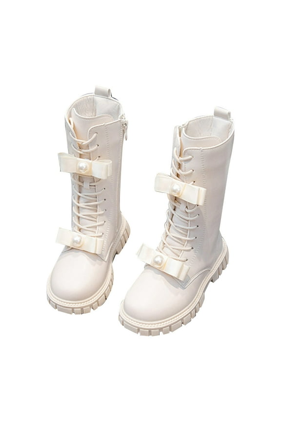 Girls Winter Boots Warm Long Calf Height Leather Booties for Kids Stylish Boots Non Comfortable,Color:White,Size:9-9.5 Years