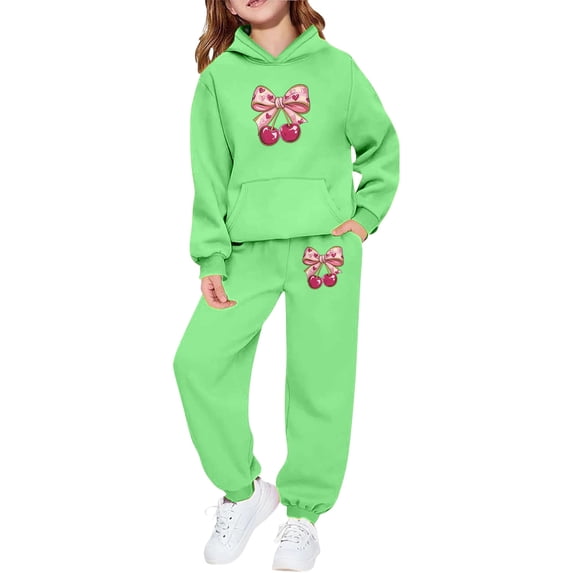 Girls Winter Clothing Set 12-14 - Girls Hooded Tracksuit With Cherry And Bow Design Two Piece Outfit Soft Jogger Pants And Pullover Top For Casual Wear (Green,4-5 Years)