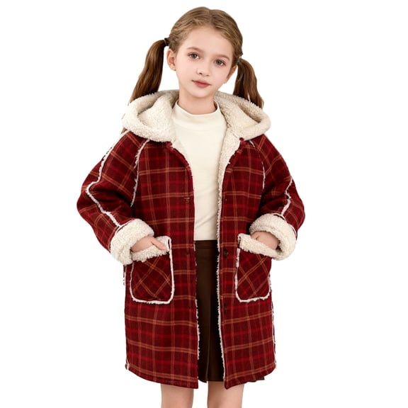 Girls Winter Coat Hooded Button Down Plaid Sherpa Liner Cardigan Thermal Casual Woolen Overcoat With Pockets (11 Years, Red)