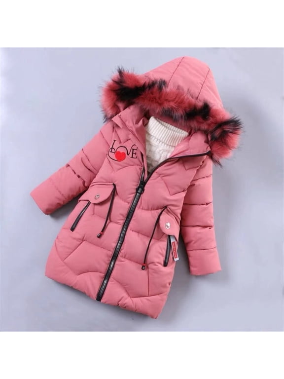 Girls Winter Coat Kids Down Jacket Long Hooded Puffer Jacket Fluffy Collar Girls Winter Waterproof Ski Jacket Snowsuit School Coats Warm Parka Winter Clothes Red 11-12 Years