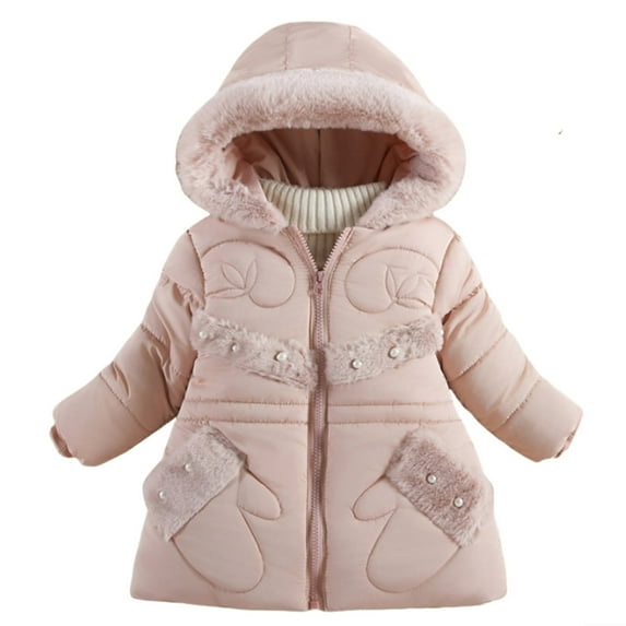 Girls Winter Coat Long Sleeve Furry Hooded Warm Stylish Pearls Down Jackets Toddler Jacket RD2 12 Months-18 Months