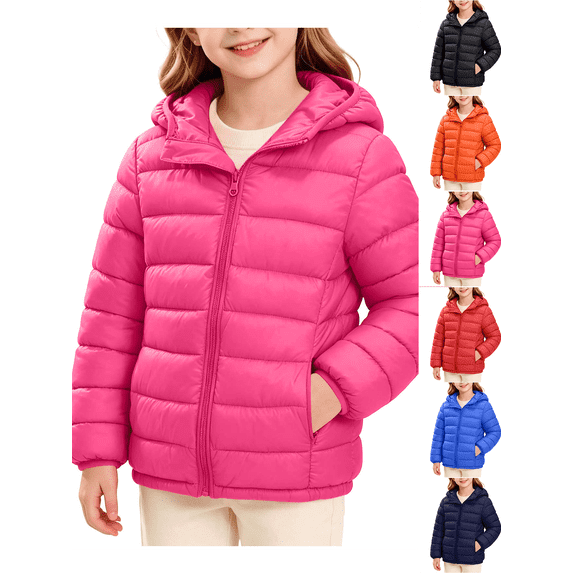 Girls Winter Coat Nelozsy Children's Winter Solid Color Long Sleeves Hooded Zipper Quilted Coat Keep Warm Coat Kids Hot Pink 7-8Years