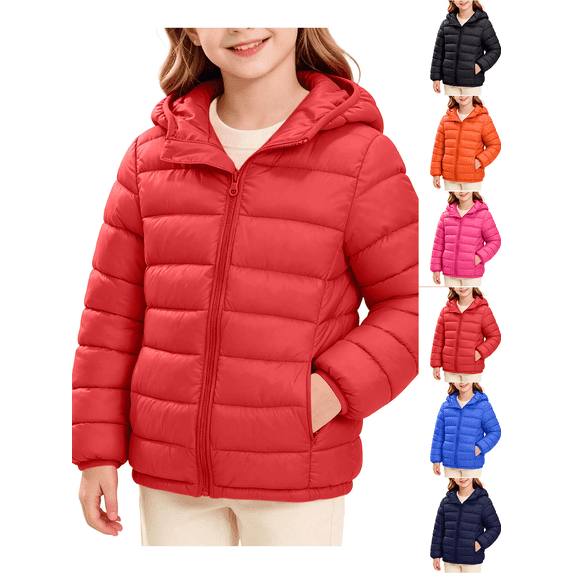 Girls Winter Coat Nelozsy Children's Winter Solid Color Long Sleeves Hooded Zipper Quilted Coat Keep Warm Coat Kids Red 5-6Years