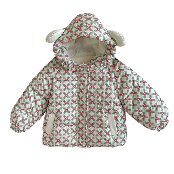 Girls Winter Coat Thick Fleece Liner Outerwear Cute Graphic Printed Padded Jacket with Bear Hood Toddler Kids down Jacket
