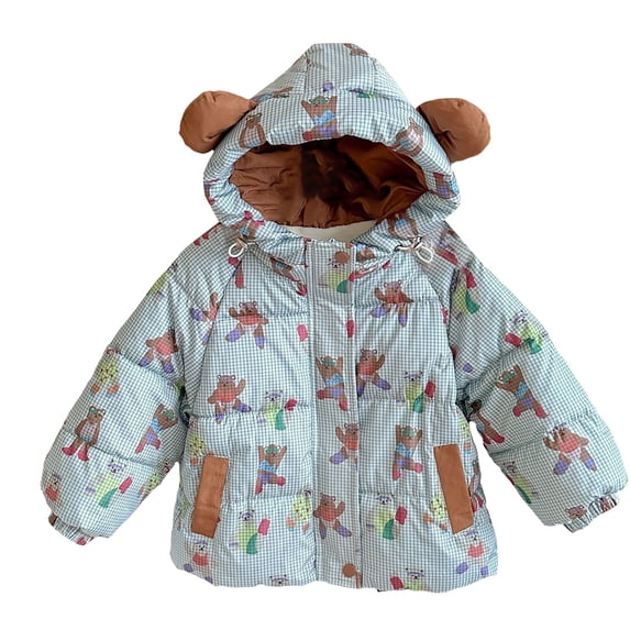 Girls Winter Coat Thick Fleece Liner Outerwear Cute Graphic Printed Padded Jacket with Bear Hood Toddler Kids down Jacket