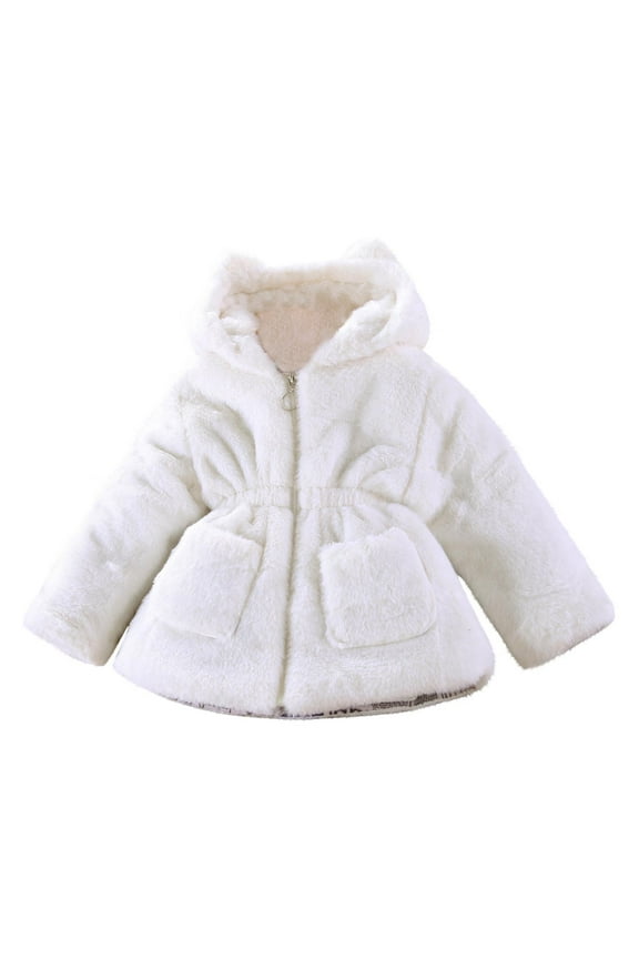 Girls Winter Coats Ear Hooded Faux Fur Fleece Jacket Warm Thick Snowsuit Zip Up Jacket with Pockets Outwear 2-8T (2-3 Years, Beige)
