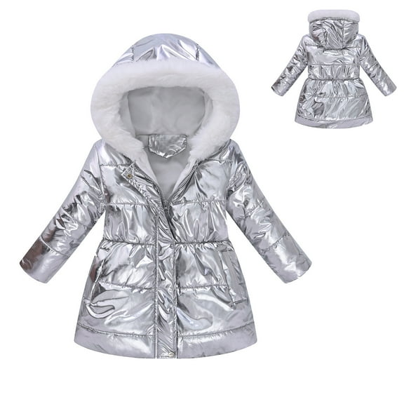 Girls Winter Coats Hooded Puffer Jacket Kids Girls Silver Jacket Zipper Long Sleeve Thicken Waterproof Jacket Kids Girls' Outerwear Jackets 4-5 Years