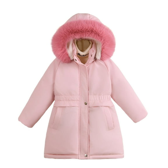 Girls Winter Coats Hooded Puffer Jacket Pink Jacket Zipper Long Sleeve Waterproof Girls Thicken Jackets for Girls 6-7 Years