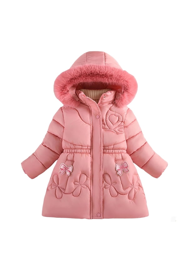 Girls Winter Coats with Hooded Puffer Jacket Bow Puffer Coat Full-Zip Long Sleeve Thicken Waterproof Jacket Kids Winter Jackets 6-7 Years
