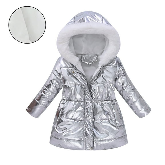 Girls Winter Coats with Hooded Puffer Jacket Girls Silver Jacket Full-Zip Long Sleeve Waterproof Kids Thicken Jacket Girls Coats Size 6-7 Years