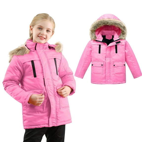 Girls Winter Coats with Hooded Puffer Jacket Pink Coat Full-Zip Long Sleeve Waterproof Kids Thicken Jacket 5-6 Years Winter Coat Girl