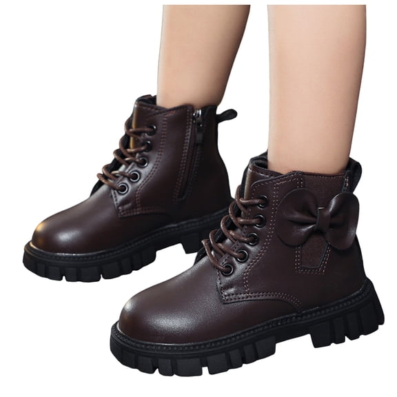 Girls Winter Combat Boots Cute Bowknot Side Zipper Lace up Non Slip Ankle Booties Fashion Lug Sole Fall Short Boots Brown 13.5 Little Kids