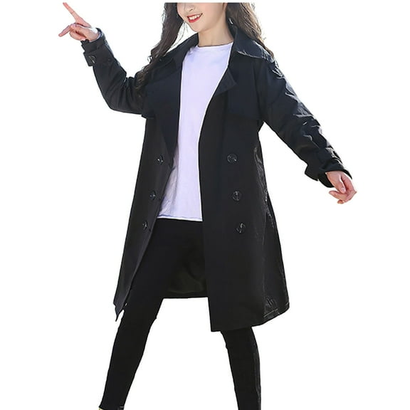 Girls Winter Dress Coat Button Peacoat Notch Lapel Double Breasted Outerwear with Pockets Black 4-5 Years