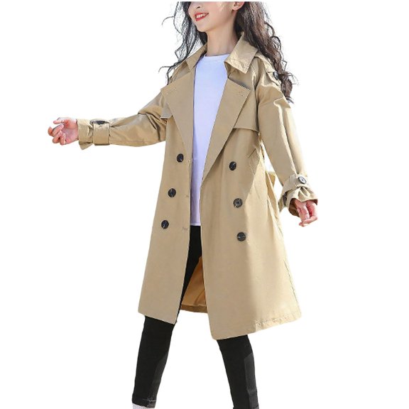 Girls Winter Dress Coat Button Peacoat Notch Lapel Double Breasted Outerwear with Pockets Khaki 11-12 Years