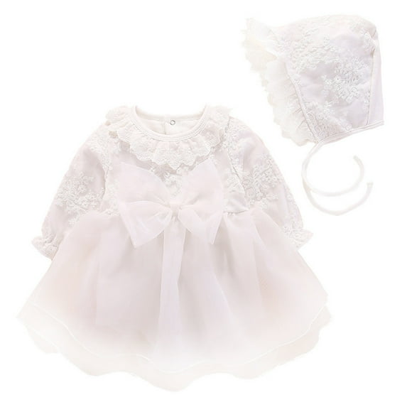 Girls Winter Dresses Solid Long Sleeve with Hat Baby Romper Princess Dress Birthday Dress with Tutu Skirt White,6-9 Months
