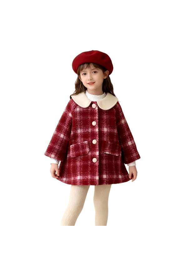 Girls Winter Duffel Coat Mid Length Single Breasted Warm Trench Jacket Color Block Lapel Collar Dress Overcoat (7 Years, Red-Plaid)