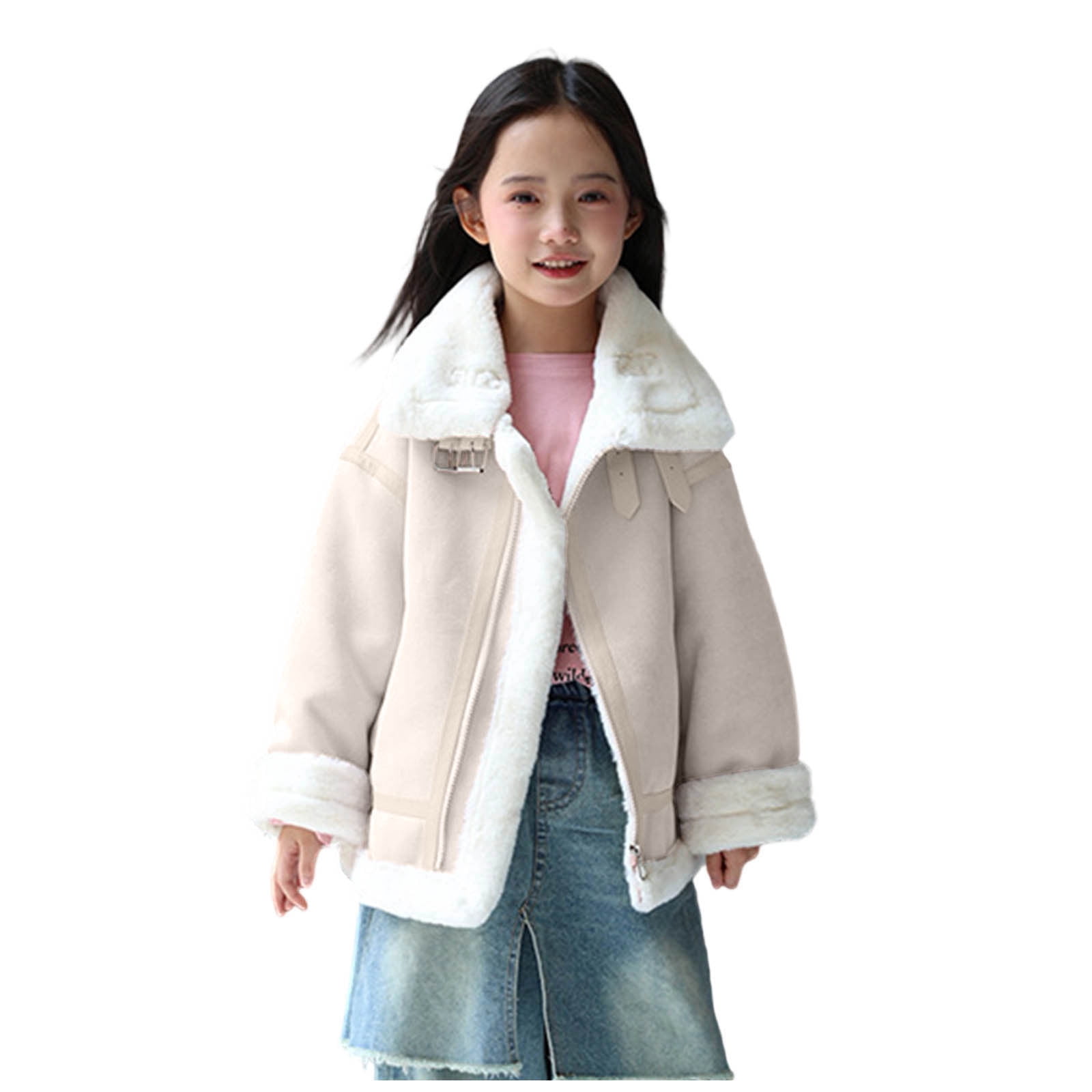 Girls Winter Faux Leather Jacket Long Sleeve Zip up Lapel Fleece Lined Thick Warm Coat Fall Trendy Kids Jackets (4 Years, White)