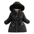 thumbnail image 1 of Girls Winter Fleece Lined Dress Long Coats Toddler Cute Pearl Bowknot WoolBall Outwear Warm Parka Cotton Hooded Jackets Black 7-8 Years, 1 of 4