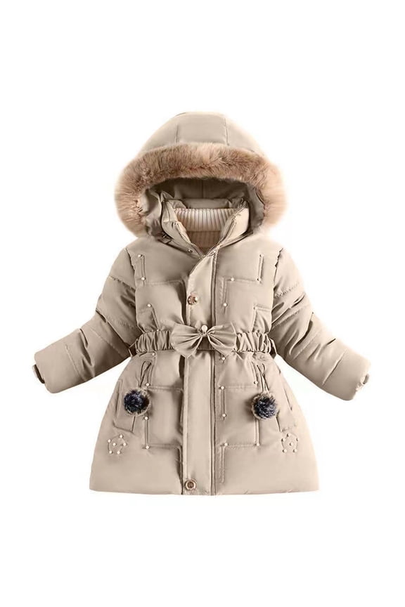Girls' Winter Fleece-Lined Mid-Length Jacket Sherpa Furry Hood Wind-resistant Coat Warm Outerwear for Tweens Daily School & Festive Celebrations