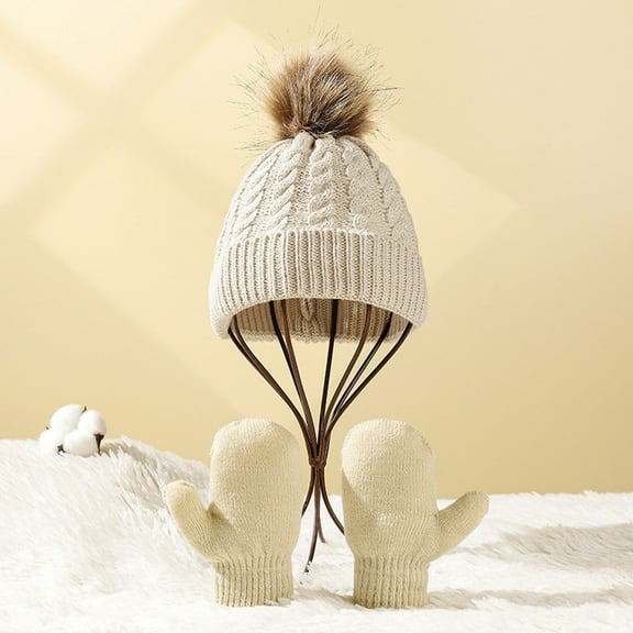 Girls Winter Hat Gloves Set, Warm Beanie Knit Gloves Set Christmas Gift for Boys and Girls