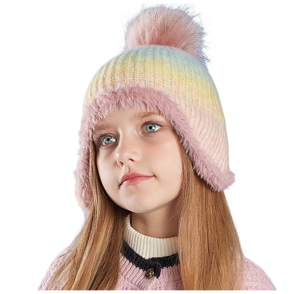Girls Winter Hats Knit Winter Beanie Hats with Pompom Ear Flaps Cap Warm Lining Windproof Cap for Boys Girls