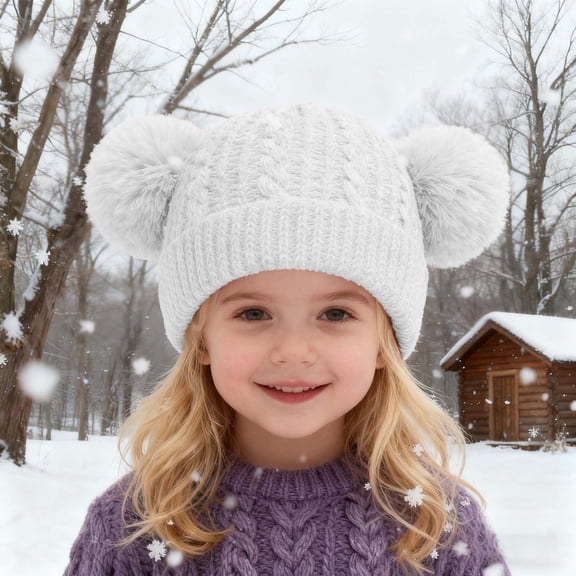 Girls Winter Hats Knitted Winter Beanie Hat with Double Pom Warm Ski Cap for 3-8 Years Girls