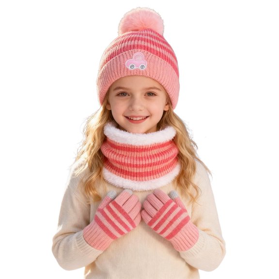 Girls Winter Hats Neck Warmer Glove Set, Warm Lining Beanie Hats Knitted Cap for 2-8 Years Boys Girls