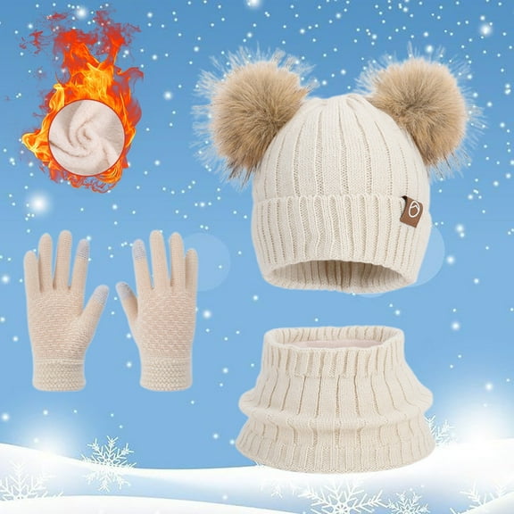 Girls Winter Hats Scarf Glove Set, Knitted Beanie Hat Fleece Lined Neck Warmer Mittens Set for Ages 4-10 Years Girls Boys