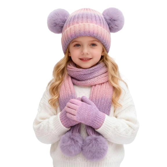 Girls Winter Hats Scarf Glove Set, Knitted Lined Beanies Cap for Ages 3-10 Years Boys and Girls