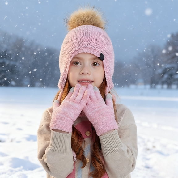 Girls Winter Hats with Ear Flaps Scarf Glove Set, Warm Lined Beanie Hats Knitted Cap for 4-10 Years Boys Girls
