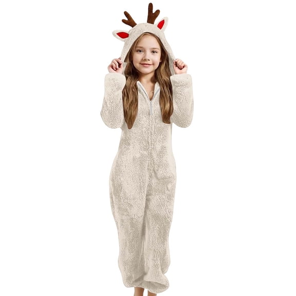 Girls Winter Hooded Romper Jumpsuit Cozy Reindeer Soft Warm Playwear For Toddler Kids