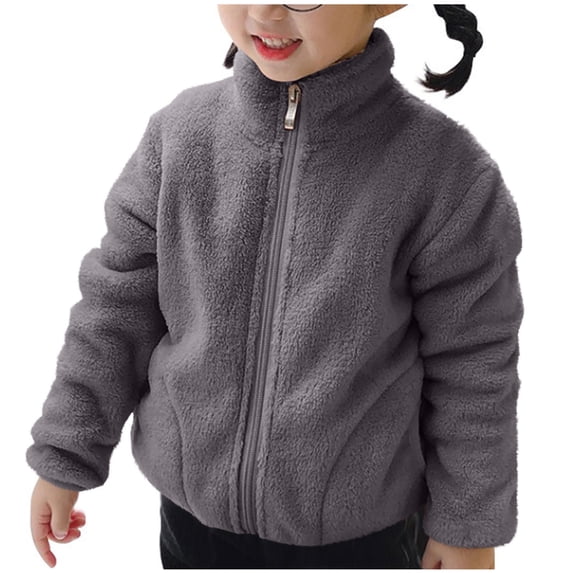 Girls' Winter Jacket Solid Full Zip Long Sleeve Stand Collar Casual Fleece-lined Thick Warm Jacket For Toddlers Kids, Gray 3-4 Years