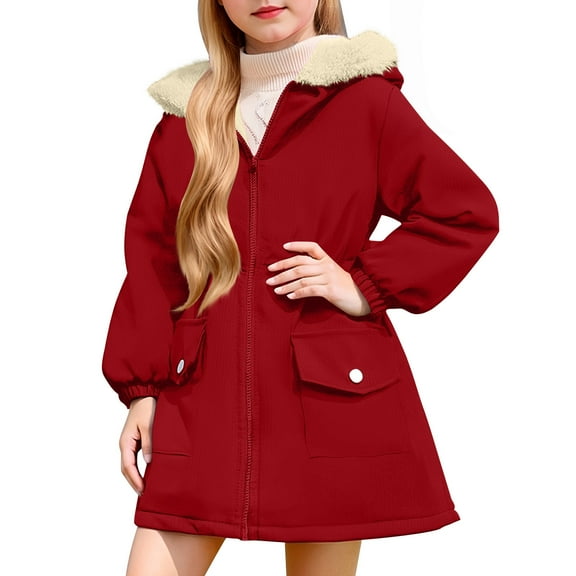 Girls Winter Jacket with Hood, Sherpa Fleece Lined Heavyweight Long Parka Coat with Pockets Full-zip Snow Outerwear (11Years, Red)