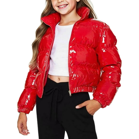 Girls Winter Jackets Bright Color Cropped Length Warm Coat Vintage Zip-up Overcoat Disco Party Outfits (4-5 Years, Red)