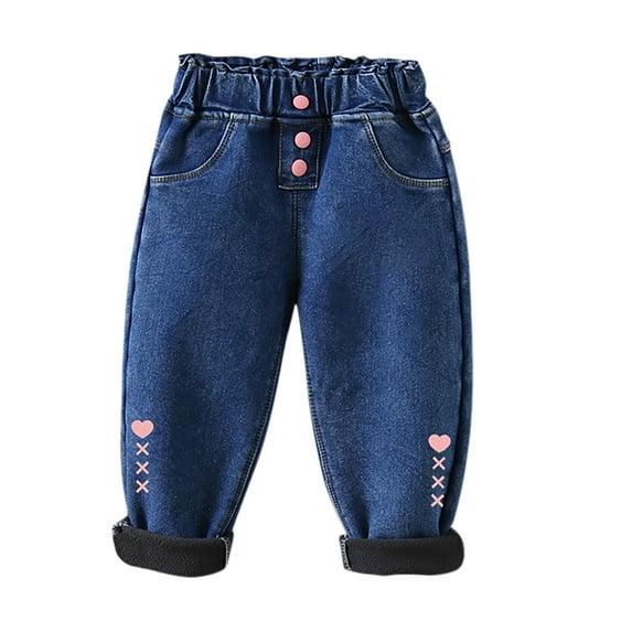 Girls Winter Jeans Toddler Baby Fleece Lined Pants Thicken Elastic Waist Cute Printed Casual Jean Trousers, Blue, 5 Years