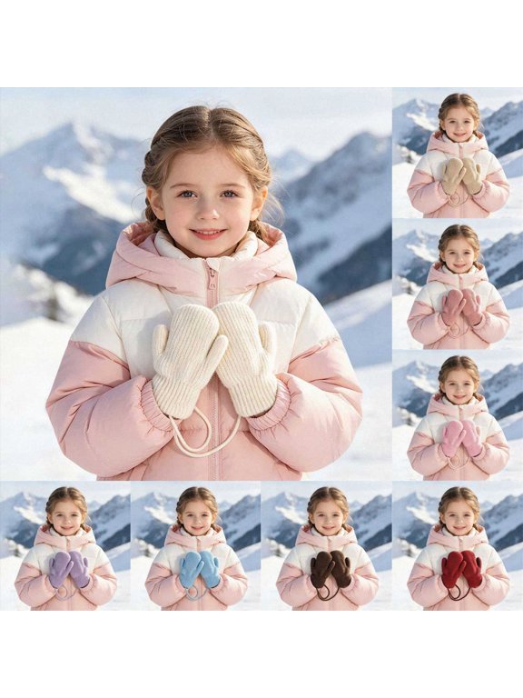 4-12 Years Girls Winter Knit Mittens with String, Warm Fleece Lined Mittens for Outdoor Activities