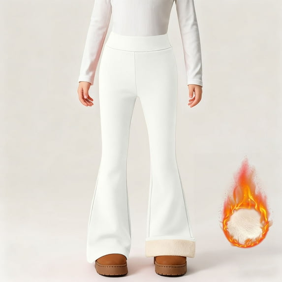 Girls Winter Leggings Solid Color Fleece-Lined Thicken Casual Yoga Flare Pants Warm Leggings for Kids White 10-11Y