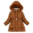 thumbnail image 1 of Girls' Winter Long Jacket with Faux Fur Trim Hood Casual Warm Thick Down Coat Hooded Puffy Cotton Overcoat For Toddlers Kids, Brown 120, 1 of 5