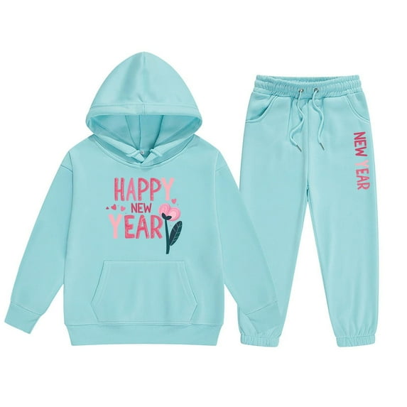 Girls Winter Outfits Long Sleeve Hooded Sweater Pants Set 2025 New Year Print Casual Kids Clothes Two Piece Set