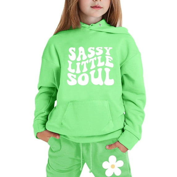 Girls Winter Outfits Long Sleeve Letter Print Fleece Hoodie Pullover Top and Long Sweatpants Set Fall Toddlers Girls Clothing Light Green,2-3 Years