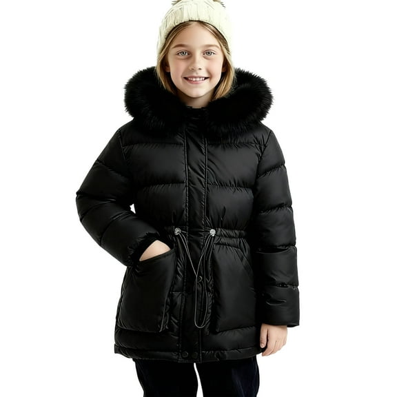 Girls' Winter Puffer Coat with Hood Pockets Mid Length Thicken Warm Down Jacket Long Sleeve Kids Outerwear (13-14 Years, Black)