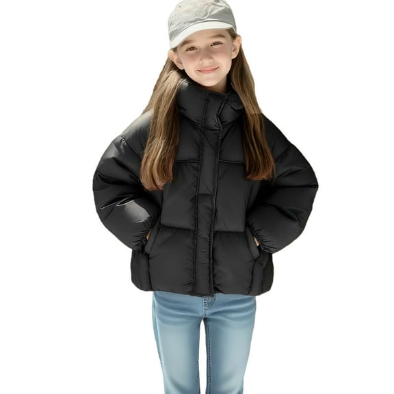 Girls Winter Puffer Coat with Pockets Thicken Warm Cropped Jacket Solid Color Long Sleeve Cotton Down Outerwear (11-12 Years, Black)