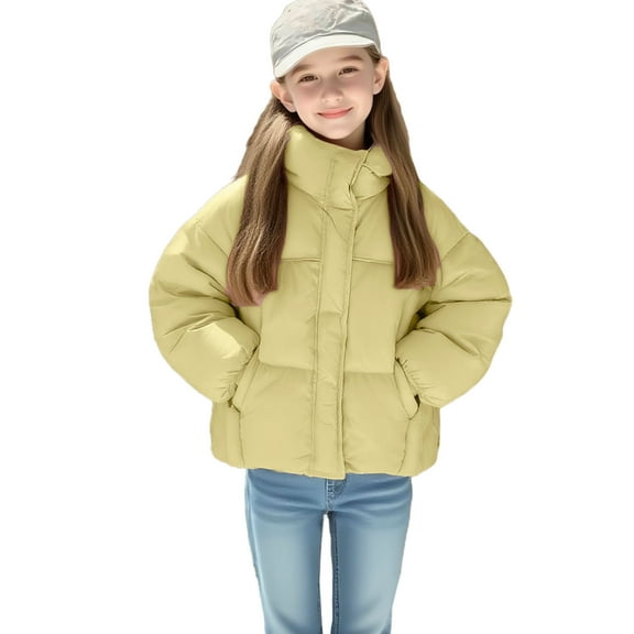 Girls Winter Puffer Coat with Pockets Thicken Warm Cropped Jacket Solid Color Long Sleeve Cotton Down Outerwear (9-10 Years, Yellow)